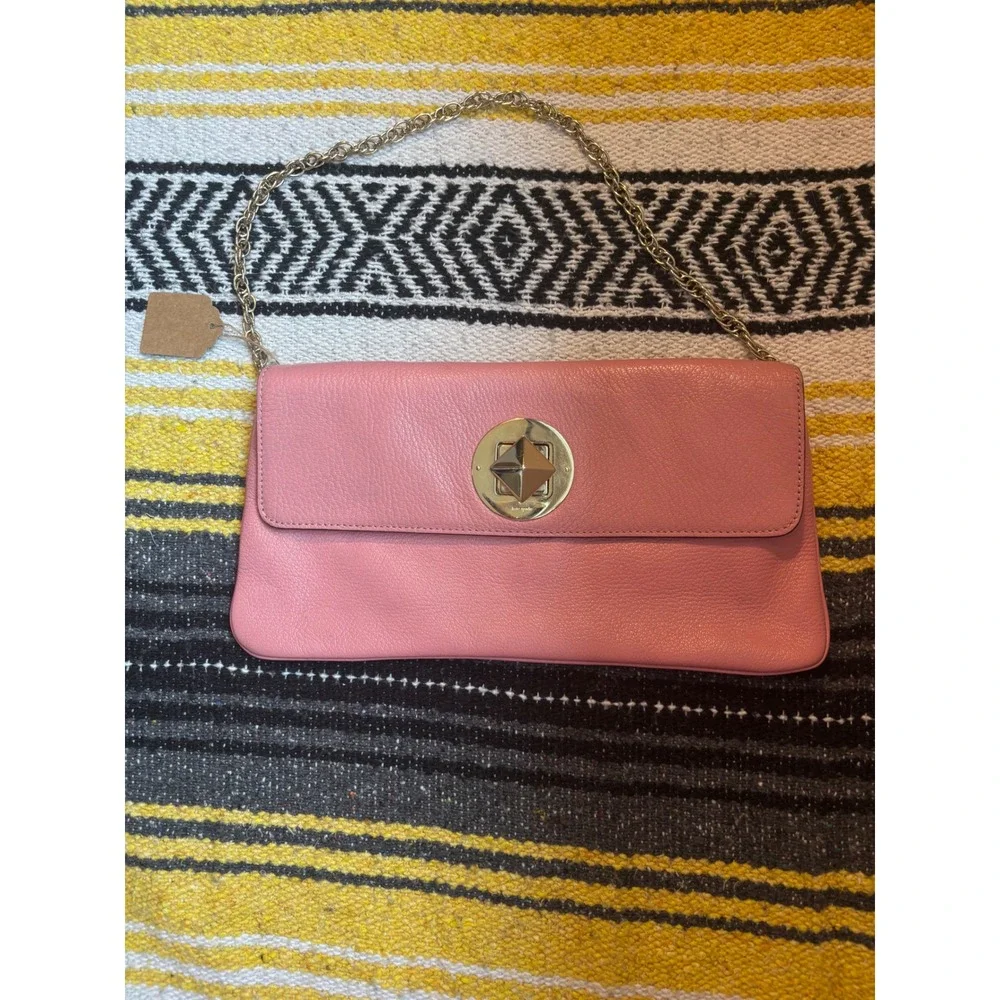 Kate Spade Pink Pebbled Leather Clutch Bag Gold Chain Pyramid Stud Turnlock